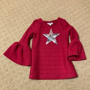 Pippa & Julie Blouse Girls 6 Red Tunic Silver Sequin Star Peplum Sleeve